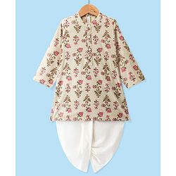 Babyhug Cotton Dobby Full Sleeves Floral Printed Kurta & Dhoti Set - Beige
