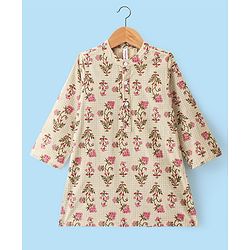 Babyhug Cotton Dobby Full Sleeves Floral Printed Kurta & Dhoti Set - Beige