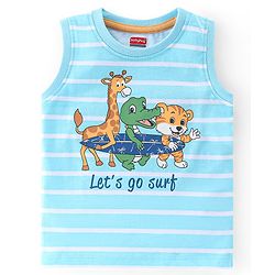 Babyhug 100% Cotton Knit Sleeveless T-Shirt with Animal Graphics - Blue & White