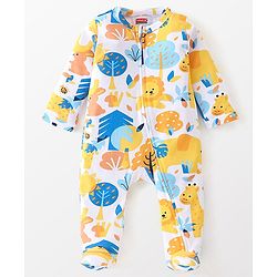Babyhug Cotton Knit Full Sleeves Footed Sleep Suit With Lion Print - White Blue & Yellow