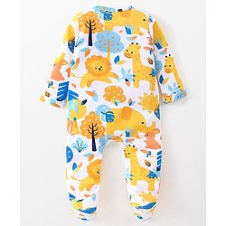Babyhug Cotton Knit Full Sleeves Footed Sleep Suit With Lion Print - White Blue & Yellow