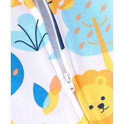 Babyhug Cotton Knit Full Sleeves Footed Sleep Suit With Lion Print - White Blue & Yellow