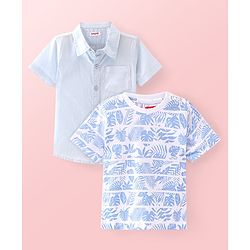 Babyhug Cotton Woven Half Sleeves   Solid Shirt with T-Shirt Leaf Print - Blue