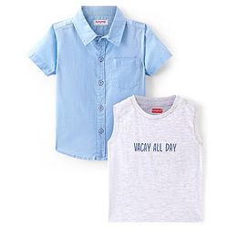 Babyhug Cotton Woven Half Sleeves Solid Shirt with T-Shirt - Blue