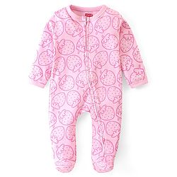 Babyhug Cotton Knit Full Sleeves Footed Sleep Suit With Strawberry Print - Pink