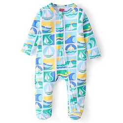 Babyhug Cotton Knit Full Sleeves Footed Sleep Suit With Boat Print - Blue