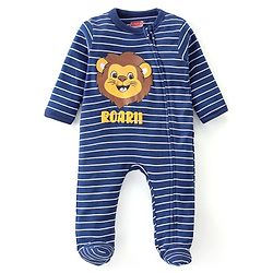 Babyhug Cotton Knit Full Sleeves Striped Sleep Suit With Lion Print - Blue