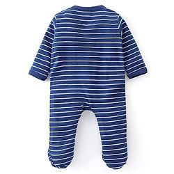 Babyhug Cotton Knit Full Sleeves Striped Sleep Suit With Lion Print - Blue