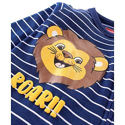 Babyhug Cotton Knit Full Sleeves Striped Sleep Suit With Lion Print - Blue