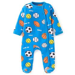 Babyhug Cotton Knit Full Sleeves Footed Sleep Suit With Sports Print - Blue