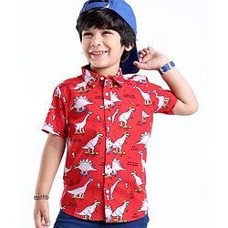 Babyhug Cotton Woven Half Sleeves Dino Printed Shirt - Red