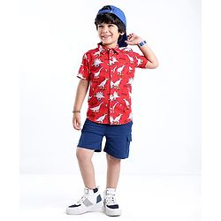 Babyhug Cotton Woven Half Sleeves Dino Printed Shirt - Red