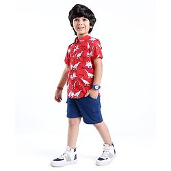 Babyhug Cotton Woven Half Sleeves Dino Printed Shirt - Red