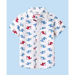 Babyhug 100% Cotton Woven Half Sleeve Regular Collar One Pocket Shark Print Shirt - White