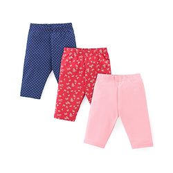 Babyhug Cotton Knit Single Jersey Three Fourth Leggings With Polka Dot & Floral Print Pack of 3 - Navy Blue Red & Pink