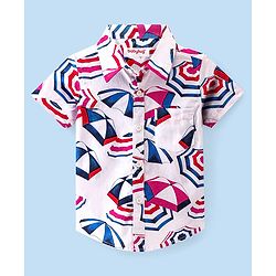 Babyhug 100% Cotton Knit Half Sleeve Regular Collar Shirt Umbrella Print - White