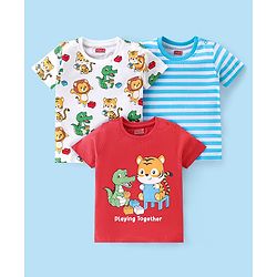 Babyhug Cotton Knit Half Sleeves T-Shirt Stripes & Animal Graphics Pack Of 3 - Blue White & Red