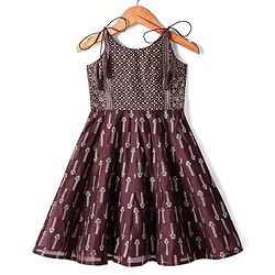 Babyhug Woven Singlet Sleeves Foil Floral Printed Ethnic Dress - Maroon