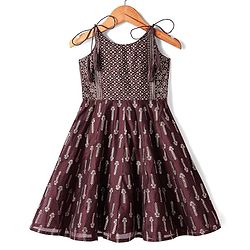 Babyhug Woven Singlet Sleeves Foil Floral Printed Ethnic Dress - Maroon