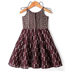 Babyhug Woven Singlet Sleeves Foil Floral Printed Ethnic Dress - Maroon