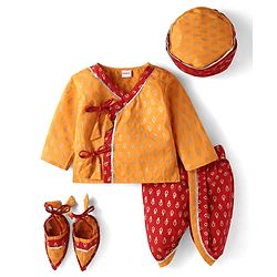Babyhug Cotton Woven Full Sleeves  Brocade Angarakha Kurta Dhoti Jamna Set with Pair of Booties & Paghdi - Mustard