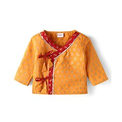 Babyhug Cotton Woven Full Sleeves  Brocade Angarakha Kurta Dhoti Jamna Set with Pair of Booties & Paghdi - Mustard