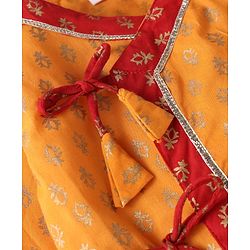 Babyhug Cotton Woven Full Sleeves  Brocade Angarakha Kurta Dhoti Jamna Set with Pair of Booties & Paghdi - Mustard