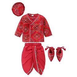 Babyhug Woven Full Sleeves Jamna Set with Forehead Cap & Booties - Red