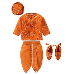 Babyhug Woven Full Sleeves Jamna Set with Forehead Cap & Booties - Mustard Yellow