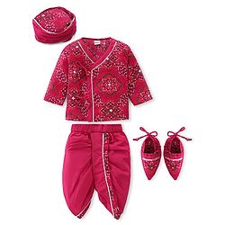 Babyhug Woven Full Sleeves Jamna Set with Forehead Cap & Booties - Fuchsia