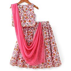 Babyhug 100% Cotton Woven Sleeveless Choli Lehenga  With Dupatta Floral Print - White & Pink