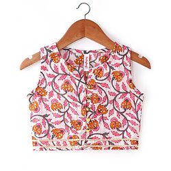 Babyhug 100% Cotton Woven Sleeveless Choli Lehenga  With Dupatta Floral Print - White & Pink