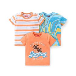 Babyhug Cotton Knit Half Sleeves T-Shirt Striped & Beach Theme Graphics Pack of 3 - Multicolour