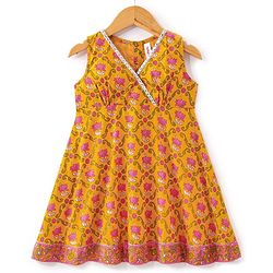 Babyhug 100% Cotton Woven  Sleeveless Ethnic Dress Floral Print- Yellow