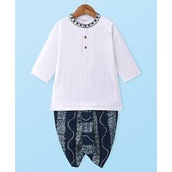 Babyhug 100% Cotton Woven Full Sleeves Floral Embroidered Kurta With Abstract Printed Dobby Dhoti Set - White