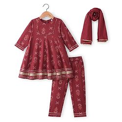 Babyhug 100% Cotton Woven Full Sleeves Kurti Palazzo And Dupatta With Ikat Print - Maroon