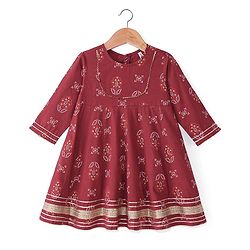 Babyhug 100% Cotton Woven Full Sleeves Kurti Palazzo And Dupatta With Ikat Print - Maroon
