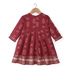 Babyhug 100% Cotton Woven Full Sleeves Kurti Palazzo And Dupatta With Ikat Print - Maroon