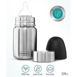 Babyhug Sterilizable Steel Feeding Bottle - 240 ml| BPA Free| Leak Resistant| BPA Free| 304 Grade| Anti-Colic| Newborns & Toddlers| Corrosion Resistant| Use as Water Bottle| Wide Neck