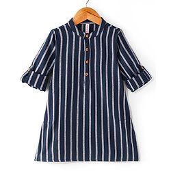 Babyhug 100% Cotton Woven Full Sleeves Kurta with Stripe Design - Navy Blue