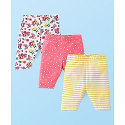 Babyhug Single Jersey Knit  Three Fourth Leggings Stripe Floral & Dot Print Pack of 3- Pink White & Yellow