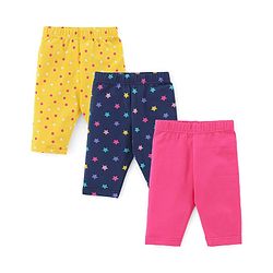 Babyhug Cotton Knit Three Fourth Length Stars & Polka Dots Printed Leggings Pack of 3 - Pink Yellow & Blue