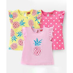 Babyhug 100% Cotton Knit Frill Sleeves T-Shirt with Pineapple Print Pack of 3 - Yellow & Pink