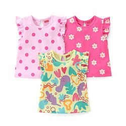 Babyhug 100% Cotton Knit Half Sleeves T-Shirts with Floral Graphics & Frill Detailing Pack Of 3 - Multicolor