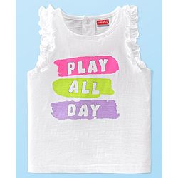 Babyhug 100% Cotton Knit   Sleeveless T-Shirt with Frill Detailing & Text Graphics- White
