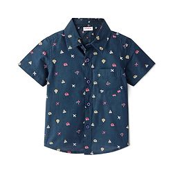 Babyhug Cotton Woven Half Sleeves Shirt Vehicle Print- Navy Blue
