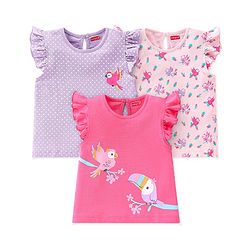 Babyhug Cotton Knit Frill Sleeves Polka Dots & Birds Printed T-Shirts Pack of 3 - Multicolour
