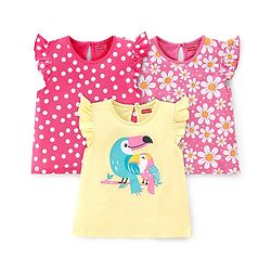 Babyhug Cotton Knit Frill Sleeves Floral & Toucan Bird Printed T-Shirts Pack of 3 - Pink & Yellow