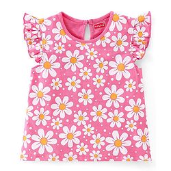 Babyhug Cotton Knit Frill Sleeves Floral & Toucan Bird Printed T-Shirts Pack of 3 - Pink & Yellow