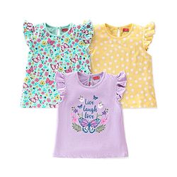 Babyhug 100% Cotton Frill Sleeves Tops with Floral Graphics Pack of 3 - Purple Green & Yellow